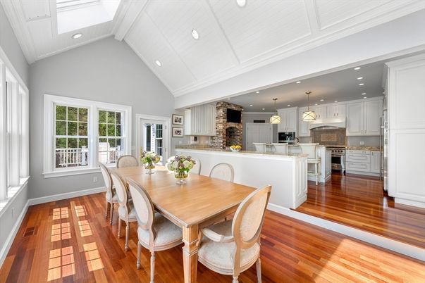 Dining room, Fireplace, Interior, Kitchen, Pendant Lights, Recessed Lighting, Stone Walls, Wood Texture Flooring