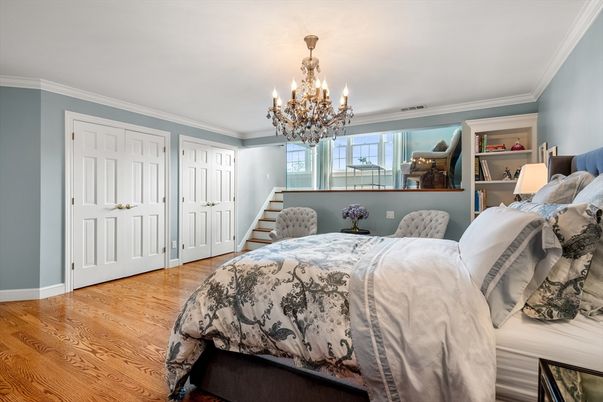 Bedroom, Chandelier, Interior, Wood Texture Flooring