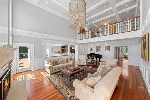 Chandelier, Fireplace, Interior, Living room, Piano, Recessed Lighting, Wood Texture Flooring