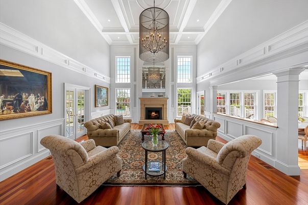 Chandelier, Fireplace, Interior, Living room, Recessed Lighting, Wood Texture Flooring