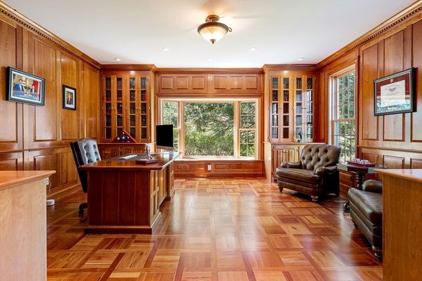 Home Office, Interior, Recessed Lighting, Wood Texture Flooring, Wooden Walls