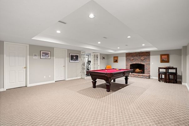 Billiard Table, Fireplace, Game Room, Interior, Recessed Lighting, Stone Walls