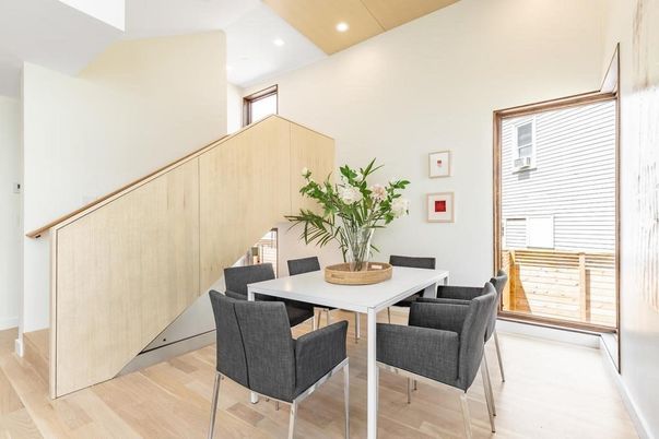 Dining room, Interior, Recessed Lighting, Wood Texture Flooring