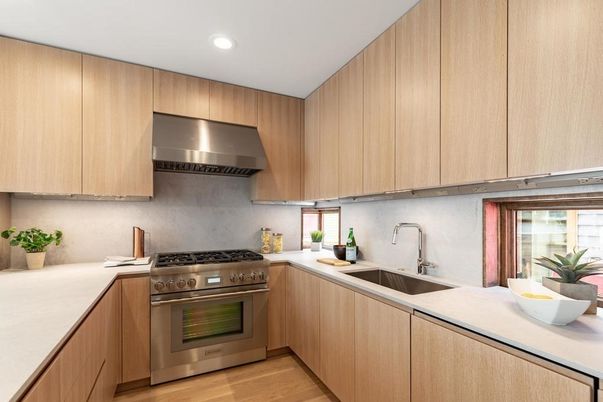 Interior, Kitchen, Recessed Lighting, Stainless Steel Appliances, Wood Texture Flooring