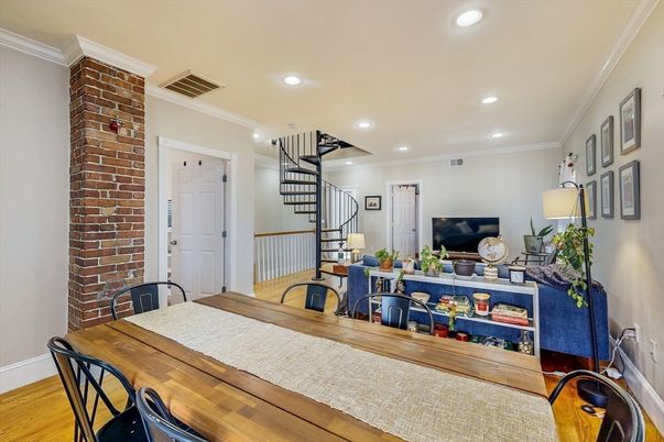 Dining room, Interior, Recessed Lighting, Stone Walls, Wood Texture Flooring