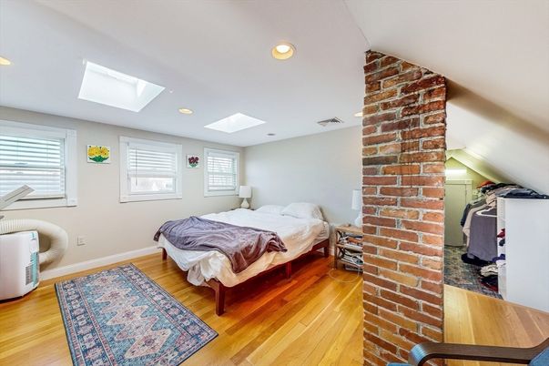 Bedroom, Interior, Recessed Lighting, Stone Walls, Wood Texture Flooring