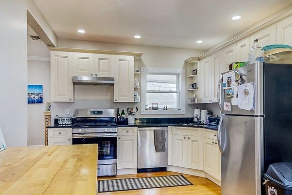 Interior, Kitchen, Recessed Lighting, Stainless Steel Appliances, Wood Texture Flooring