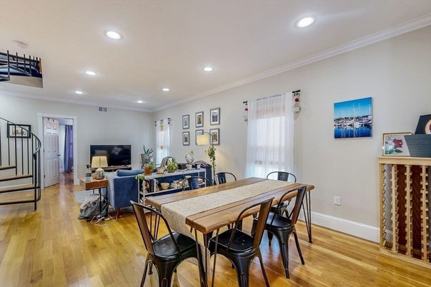 Dining room, Interior, Living room, Recessed Lighting, Wood Texture Flooring