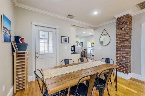 Dining room, Interior, Recessed Lighting, Stone Walls, Wood Texture Flooring