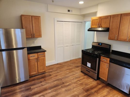 Interior, Kitchen, Recessed Lighting, Stainless Steel Appliances, Wood Texture Flooring