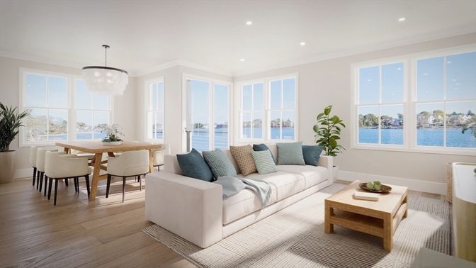 Dining room, Interior, Living room, Pendant Lights, Recessed Lighting, Water, Wood Texture Flooring