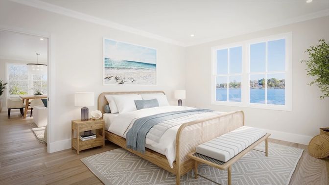 Bedroom, Interior, Pendant Lights, Recessed Lighting, Water, Wood Texture Flooring
