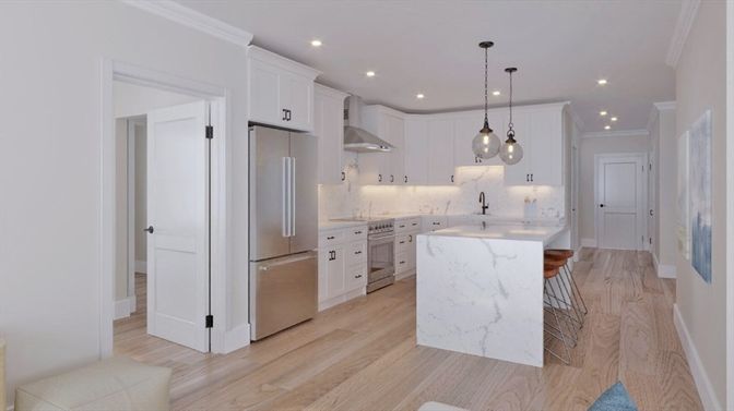 Interior, Kitchen, Pendant Lights, Recessed Lighting, Stainless Steel Appliances, Wood Texture Flooring