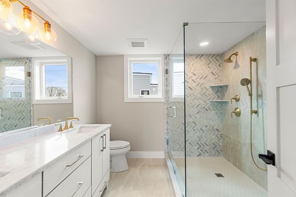 Bathroom, Glass Shower, Interior, Marble Walls, Recessed Lighting
