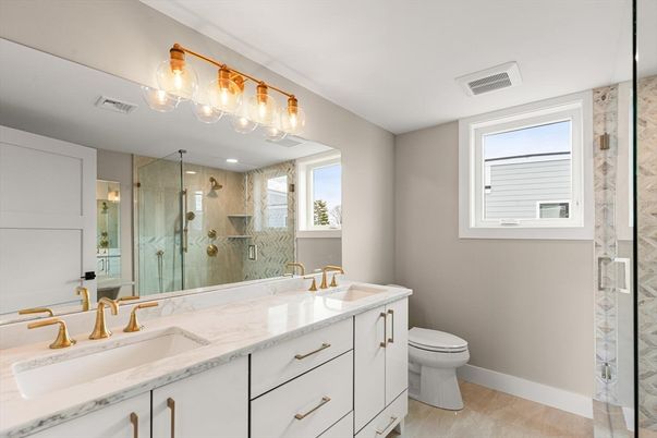 Bathroom, Dual Sink Vanities, Glass Shower, Interior, Marble Walls