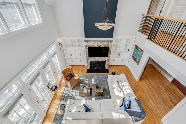 Fireplace, Interior, Living room, Pendant Lights, Wood Texture Flooring