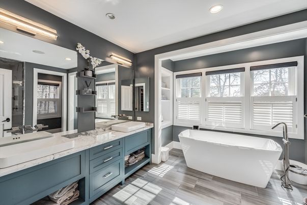 Bathroom, Dual Sink Vanities, Free Standing Baths, Interior, Recessed Lighting, Wood Texture Flooring