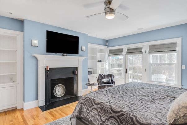 Bedroom, Fireplace, Interior, Wood Texture Flooring
