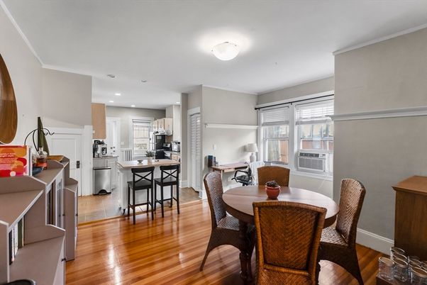 Dining room, Interior, Kitchen, Recessed Lighting, Stainless Steel Appliances, Wood Texture Flooring