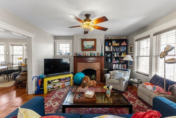 Dining room, Fireplace, Interior, Living room, Wood Texture Flooring