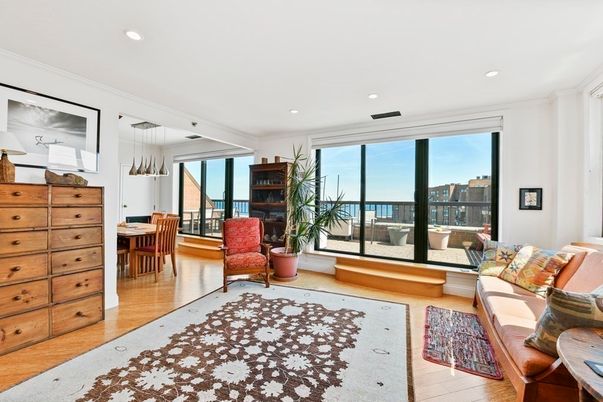 Dining room, Interior, Pendant Lights, Recessed Lighting, Water, Wood Texture Flooring