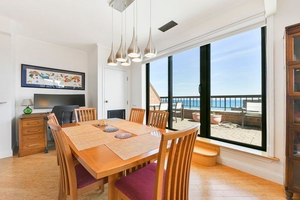Dining room, Interior, Pendant Lights, Water, Wood Texture Flooring