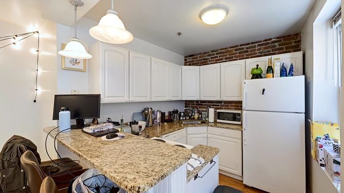 Interior, Kitchen, Pendant Lights, Stone Walls, Wood Texture Flooring