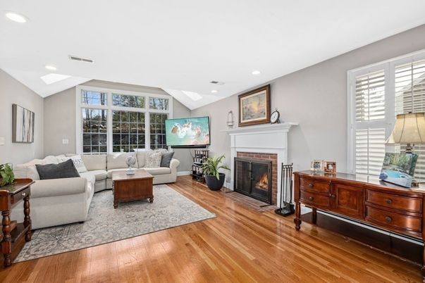 Fireplace, Interior, Living room, Recessed Lighting, Wood Texture Flooring