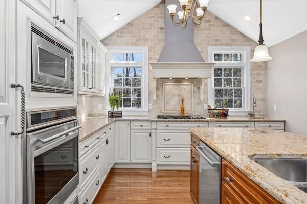 Interior, Kitchen, Pendant Lights, Recessed Lighting, Stainless Steel Appliances, Stone Walls, Wood Texture Flooring
