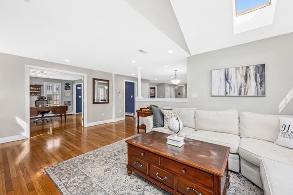 Dining room, Interior, Living room, Pendant Lights, Recessed Lighting, Wood Texture Flooring