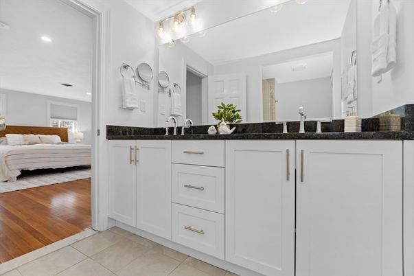 Bathroom, Bedroom, Dual Sink Vanities, Interior, Recessed Lighting, Wood Texture Flooring