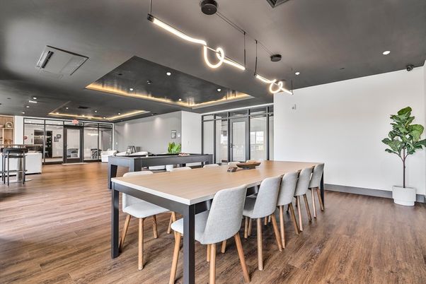 Dining room, Interior, Living room, Pendant Lights, Recessed Lighting, Wood Texture Flooring