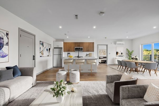 Dining room, Interior, Kitchen, Living room, Recessed Lighting, Stainless Steel Appliances, Wood Texture Flooring