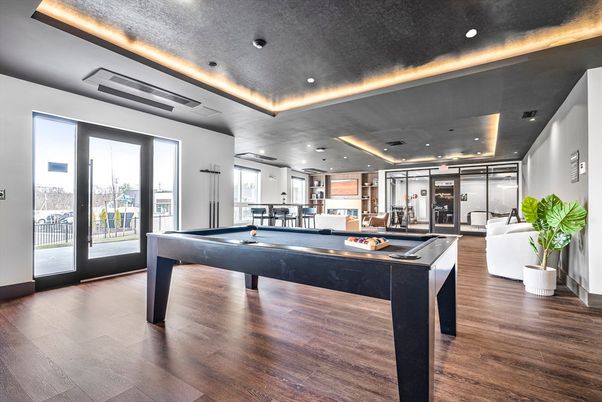 Billiard Table, Game Room, Interior, Recessed Lighting, Wood Texture Flooring