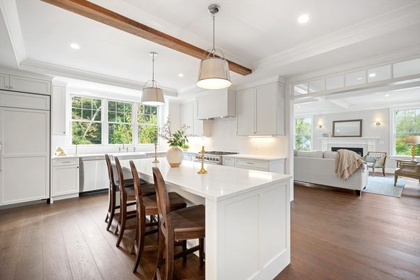 Fireplace, Interior, Kitchen, Living room, Pendant Lights, Recessed Lighting, Stainless Steel Appliances, Wood Texture Flooring