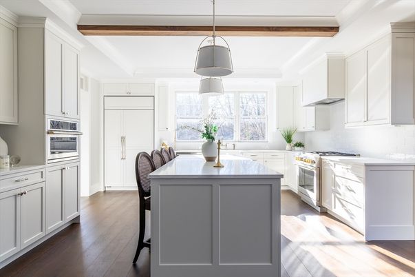 Interior, Kitchen, Pendant Lights, Stainless Steel Appliances, Wooden Beams, Wood Texture Flooring