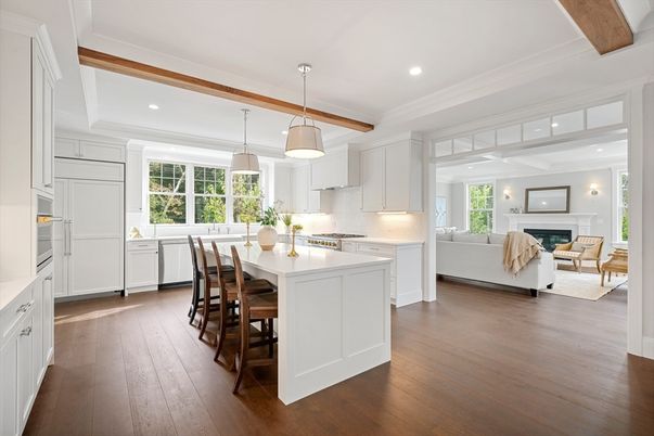 Fireplace, Interior, Kitchen, Living room, Pendant Lights, Recessed Lighting, Wooden Beams, Wood Texture Flooring