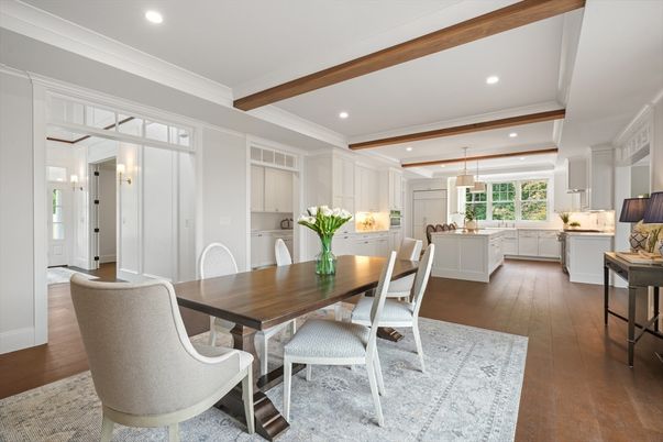 Dining room, Interior, Kitchen, Pendant Lights, Recessed Lighting, Wooden Beams, Wood Texture Flooring