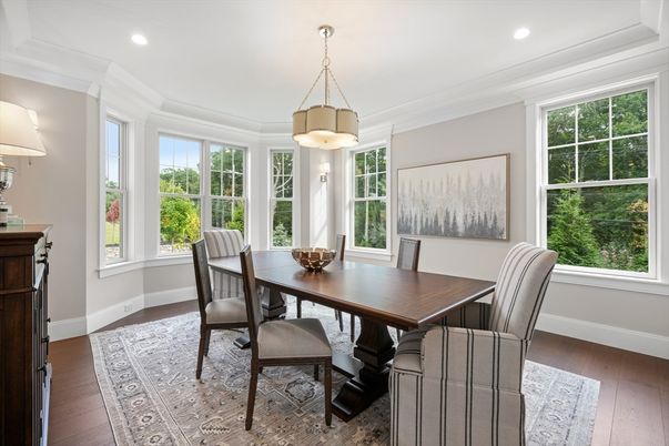 Dining room, Interior, Pendant Lights, Recessed Lighting, Wood Texture Flooring