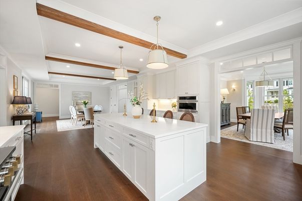 Dining room, Interior, Kitchen, Pendant Lights, Recessed Lighting, Stainless Steel Appliances, Wooden Beams, Wood Texture Flooring