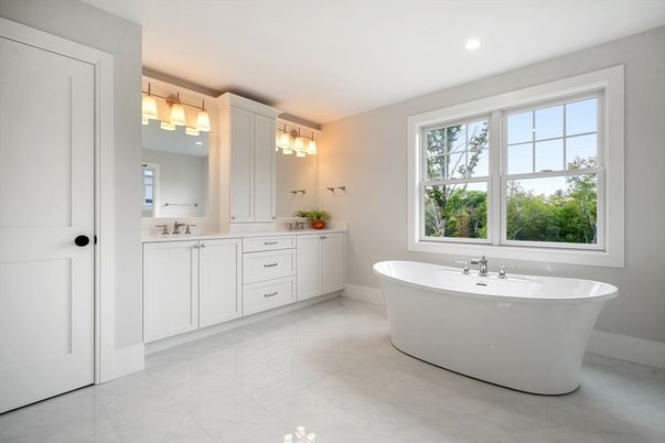 Bathroom, Dual Sink Vanities, Free Standing Baths, Interior, Marble, Recessed Lighting