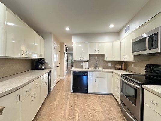 Interior, Kitchen, Recessed Lighting, Stainless Steel Appliances, Wood Texture Flooring