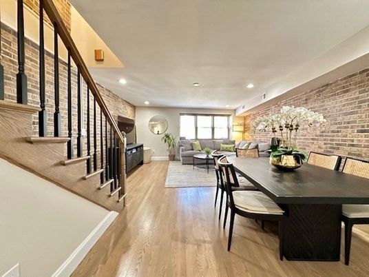 Dining room, Interior, Living room, Recessed Lighting, Stone Walls, Wood Texture Flooring