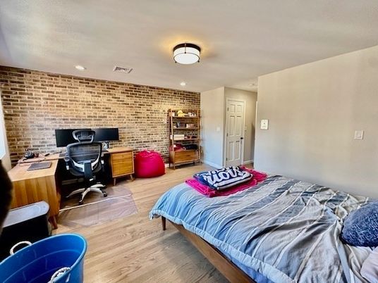 Bedroom, Home Office, Interior, Recessed Lighting, Stone Walls, Wood Texture Flooring