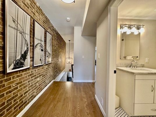 Bathroom, Interior, Pendant Lights, Wood Texture Flooring