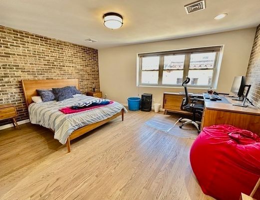 Bedroom, Home Office, Interior, Recessed Lighting, Stone Walls, Wood Texture Flooring