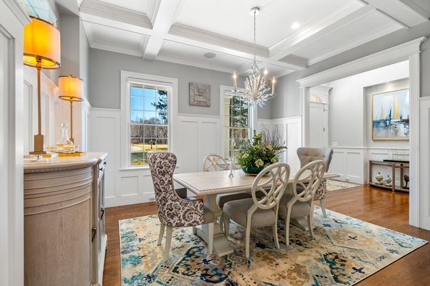 Chandelier, Dining room, Interior, Recessed Lighting, Wood Texture Flooring