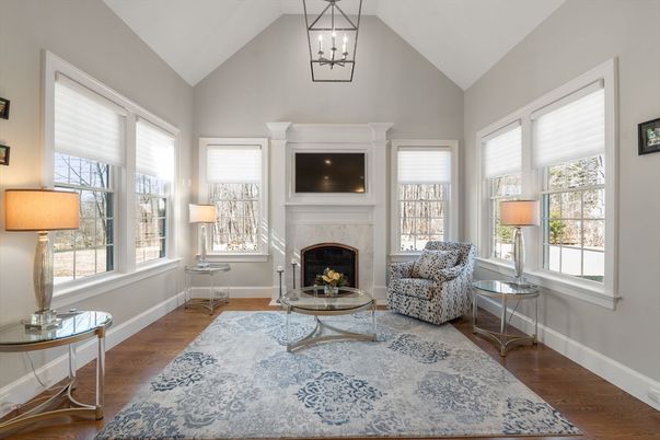 Fireplace, Interior, Living room, Pendant Lights, Wood Texture Flooring