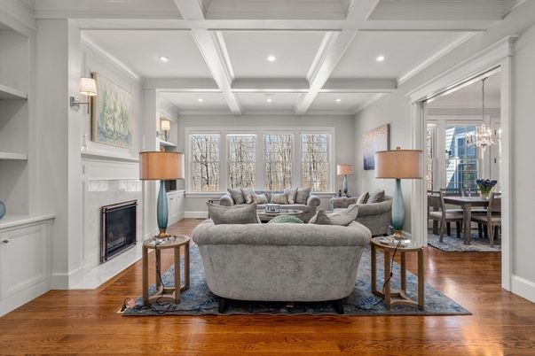 Chandelier, Dining room, Fireplace, Interior, Living room, Recessed Lighting, Wood Texture Flooring