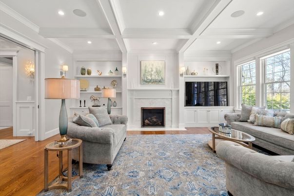 Fireplace, Interior, Living room, Recessed Lighting, Wood Texture Flooring